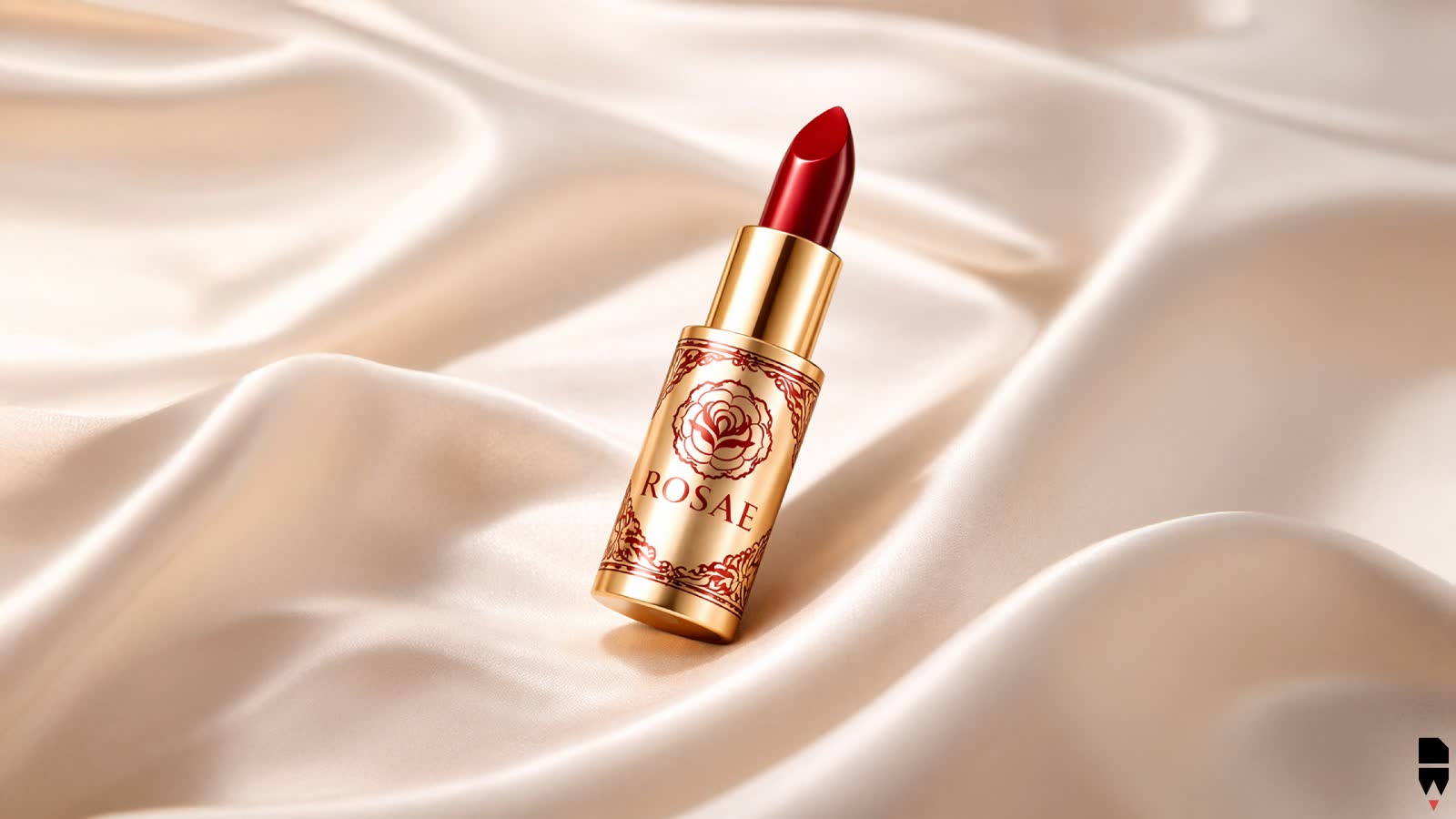 A Roase lipstick resting on ivory silk