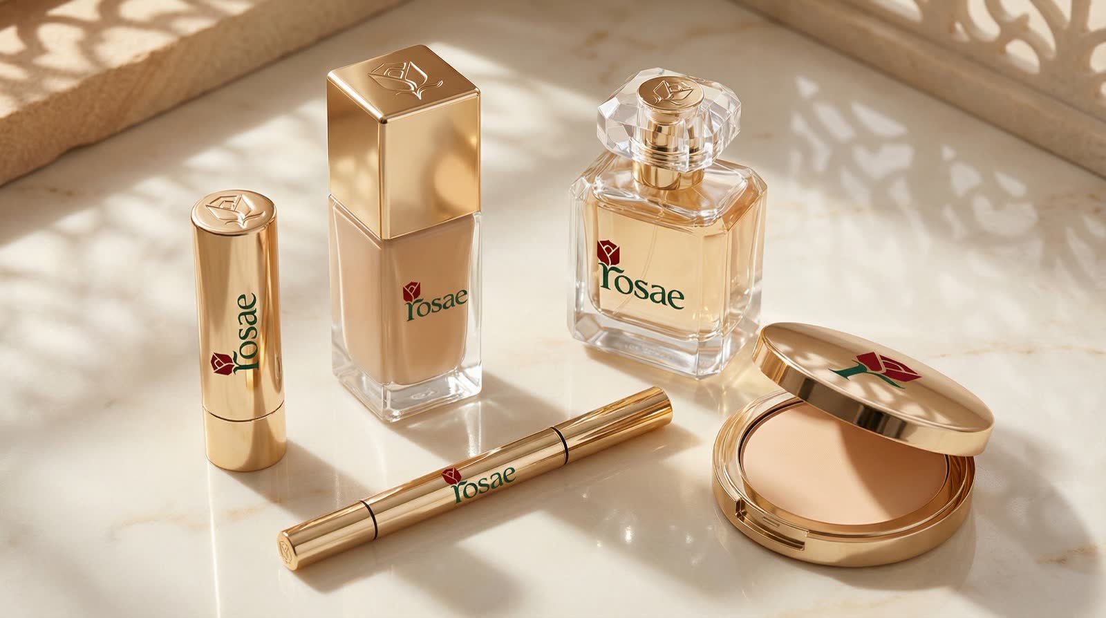 Roase II perfume, compact and lipstick in gold
